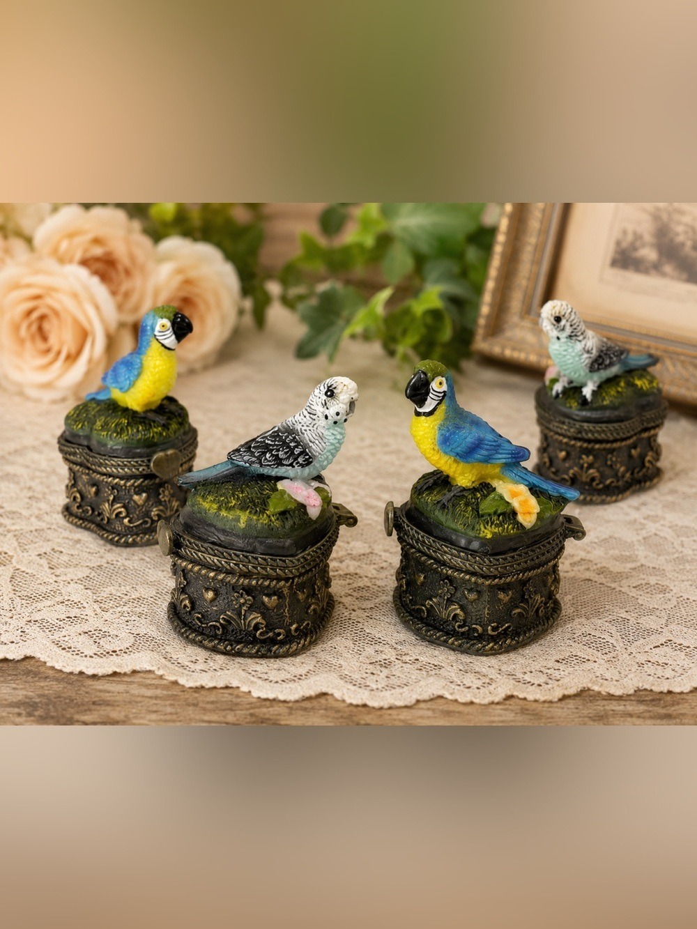 🦜 Set of 4 Whimsical Bird Trinket Boxes – Parrot & Budgie Mini Jewelry Boxes 🦜